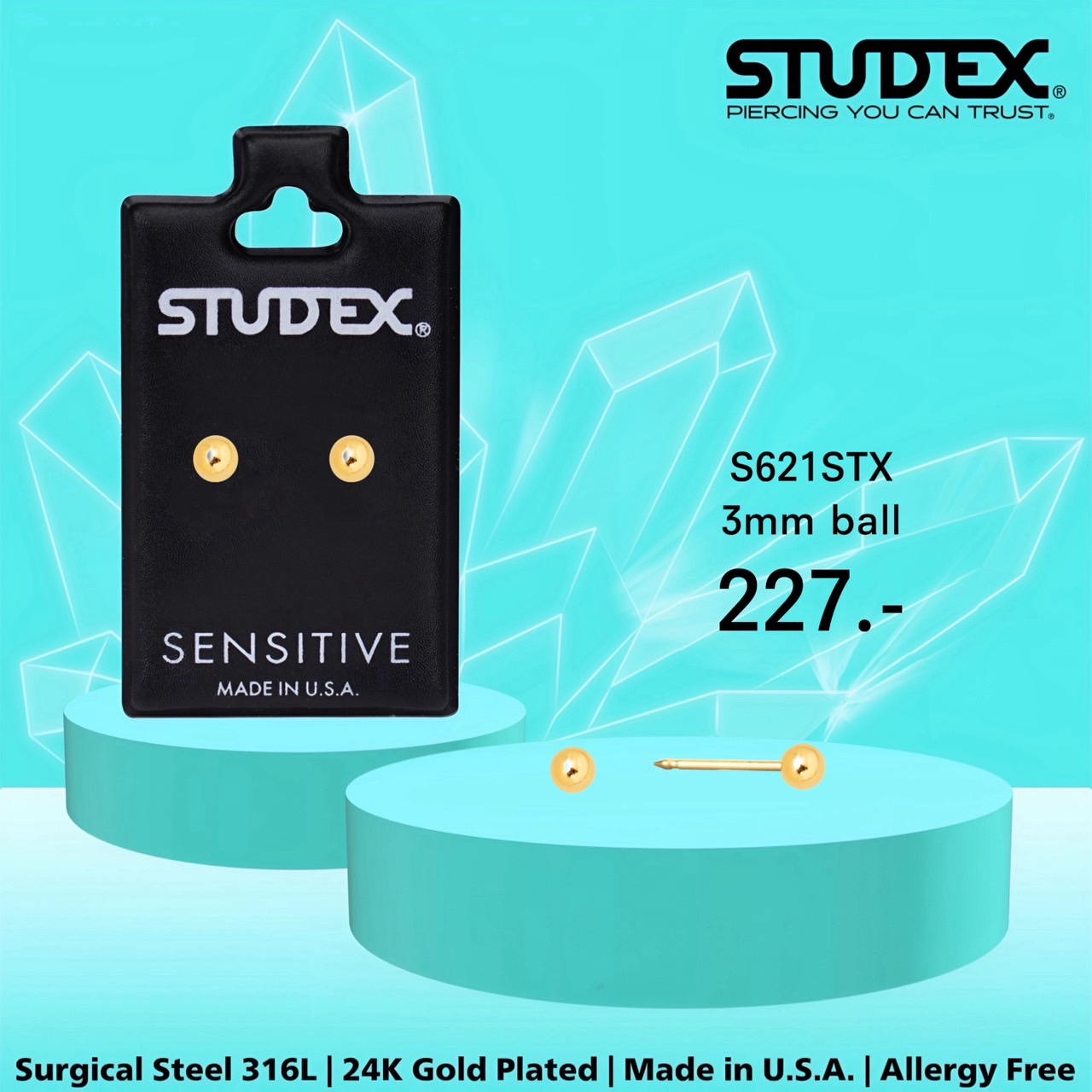 STUDEX S621STX ต่างหูแฟชั่นสำหรับหูแพ้ง่าย เคลือบทอง Ball 3MM ราคา 227 บาท*ส่งฟรี