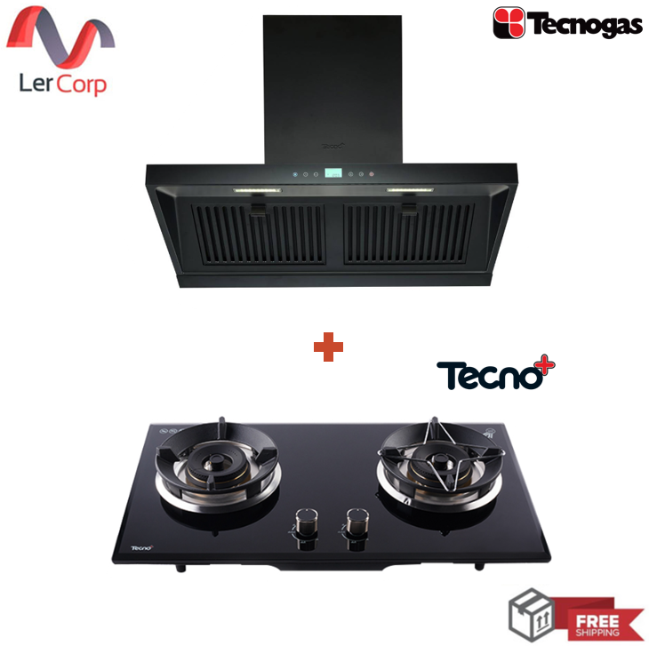 (Tecno) เครื่องดูดควัน Tecnogas รุ่น TCH 90-N2 Black ขนาด 90 ซม. + เตาแก๊ส 2 หัว Tecnoplus รุ่น TNP HB 207846 GB ราคา 15,900 บาท*ส่งฟรี