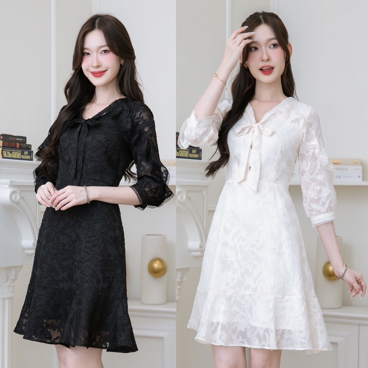 Japanese Fabric Dress. Beautiful Fabric with Texture. Cute Detail with a Bow Tie Neckline That Can Be Tied in Two Ways, Whether Low or High, It's Beautiful. the Front Has Actual Buttons That Can Be Opened. the Sleeves Have a Ruffle Detail and Are Decorate ราคา 710 บาท*ส่งฟรี