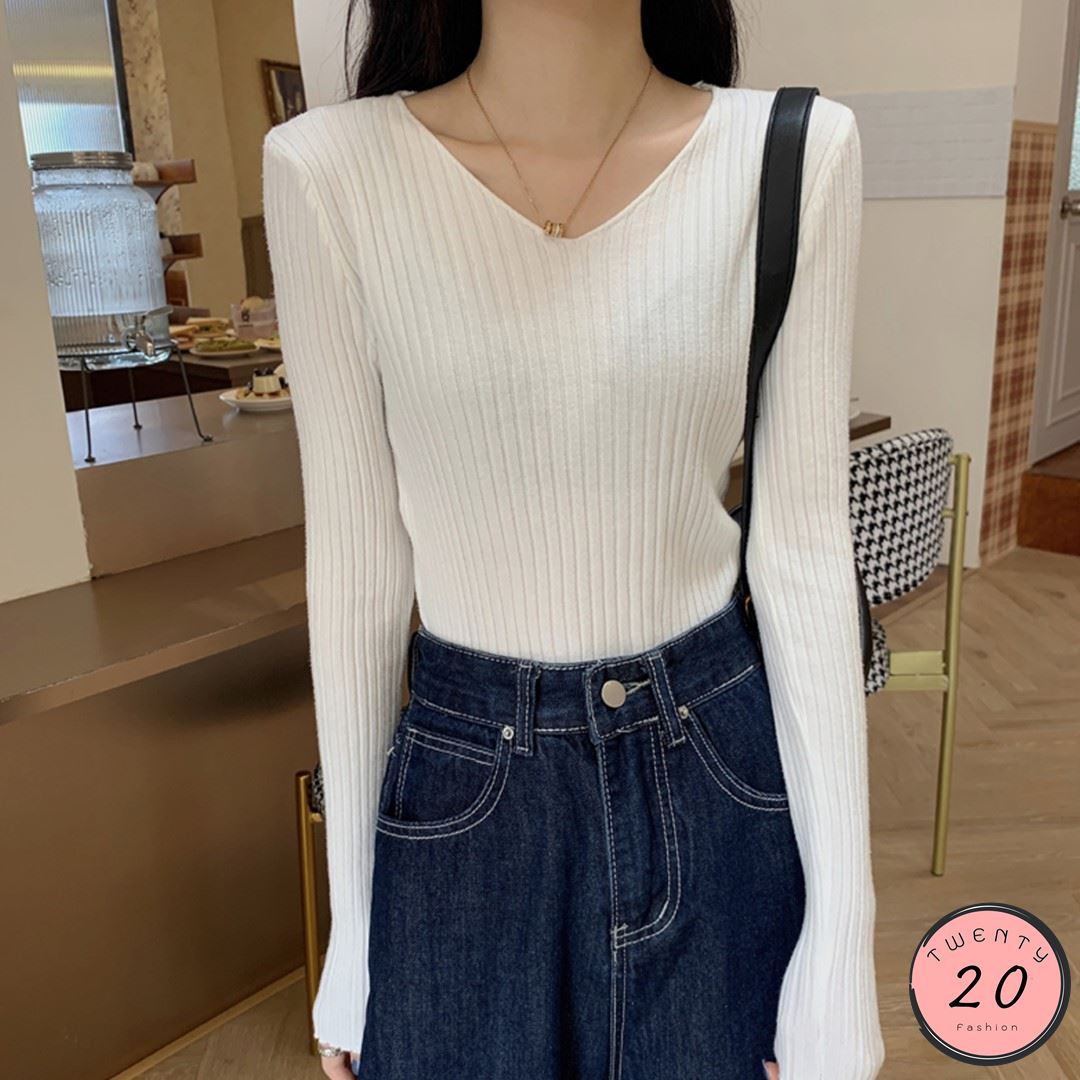 ✢20Twenty fashion✢ เสื้อไหมพรมแขนยาว คอวี ผ้าร่องยืด 16 สี