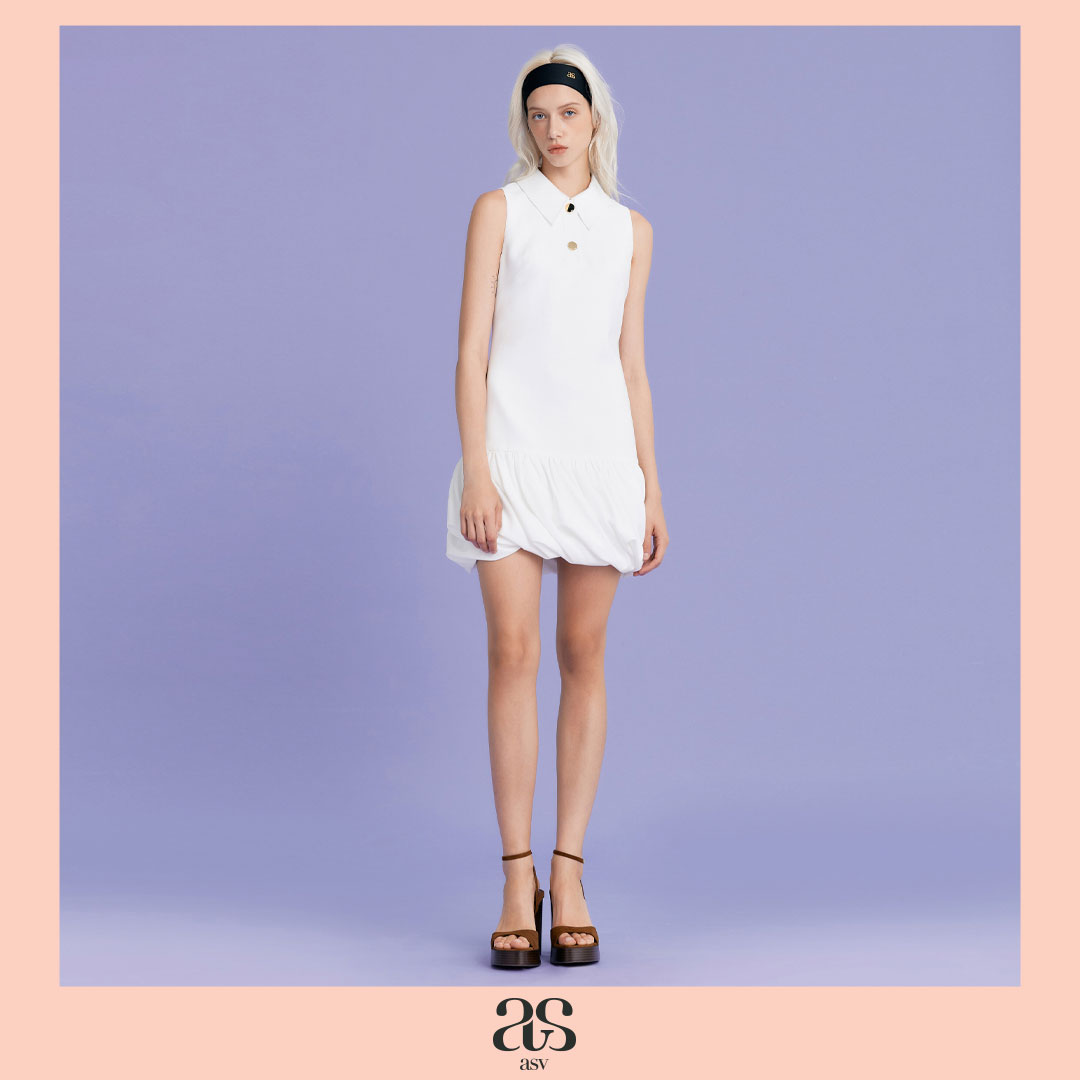 [asv rs25] Alayna Balloon Mini Dress เดรสผู้หญิง คอปกโปโล กระโปรงทรงบอลลูน แขนกุด แต่งดีเทลจับจีบชายกระโปรง แต่งกระดุมด้านหน้า ซิปหลัง ราคา 7,890 บาท*ส่งฟรี