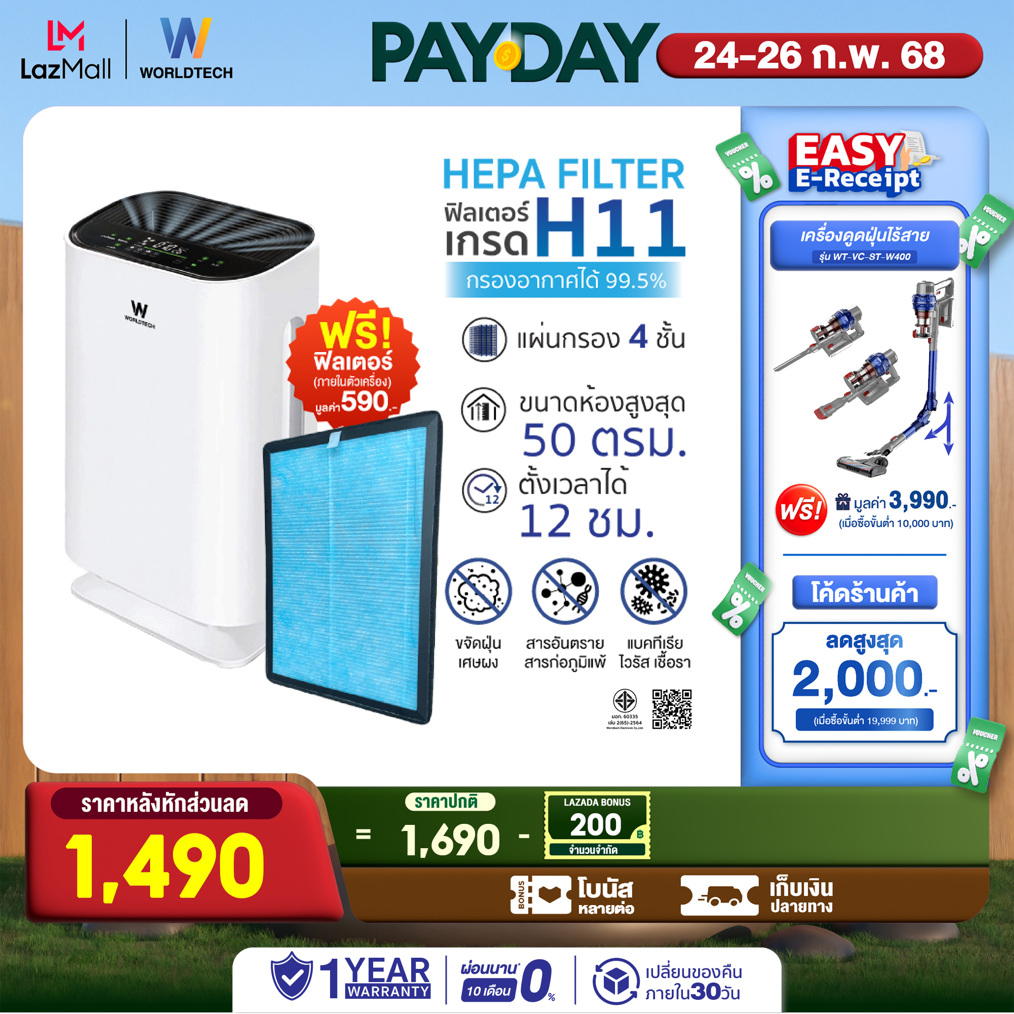 Worldtech เครื่องฟอกอากาศ Air Purifier มอก.รับรอง พื้นที่ 40-50 ตรม.รุ่น WT-P50