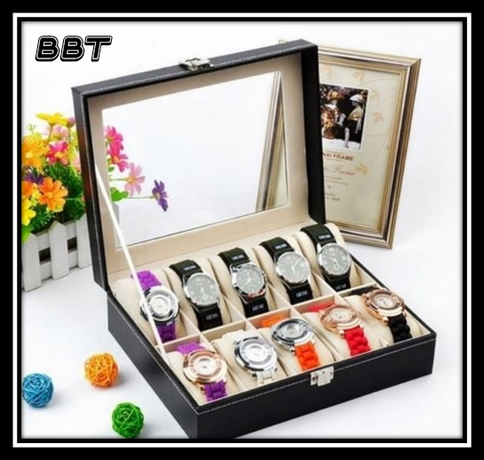 มุมมองเพิ่มเติมของสินค้า BBT กล่องนาฬิกา กล่องเก็บนาฬิกาข้อมือ กล่องใส่นาฬิกา 10 เรือน ฝากระจก กล่องใส่เครื่องประดับ Leather Watch Box (Black) (BOX10)