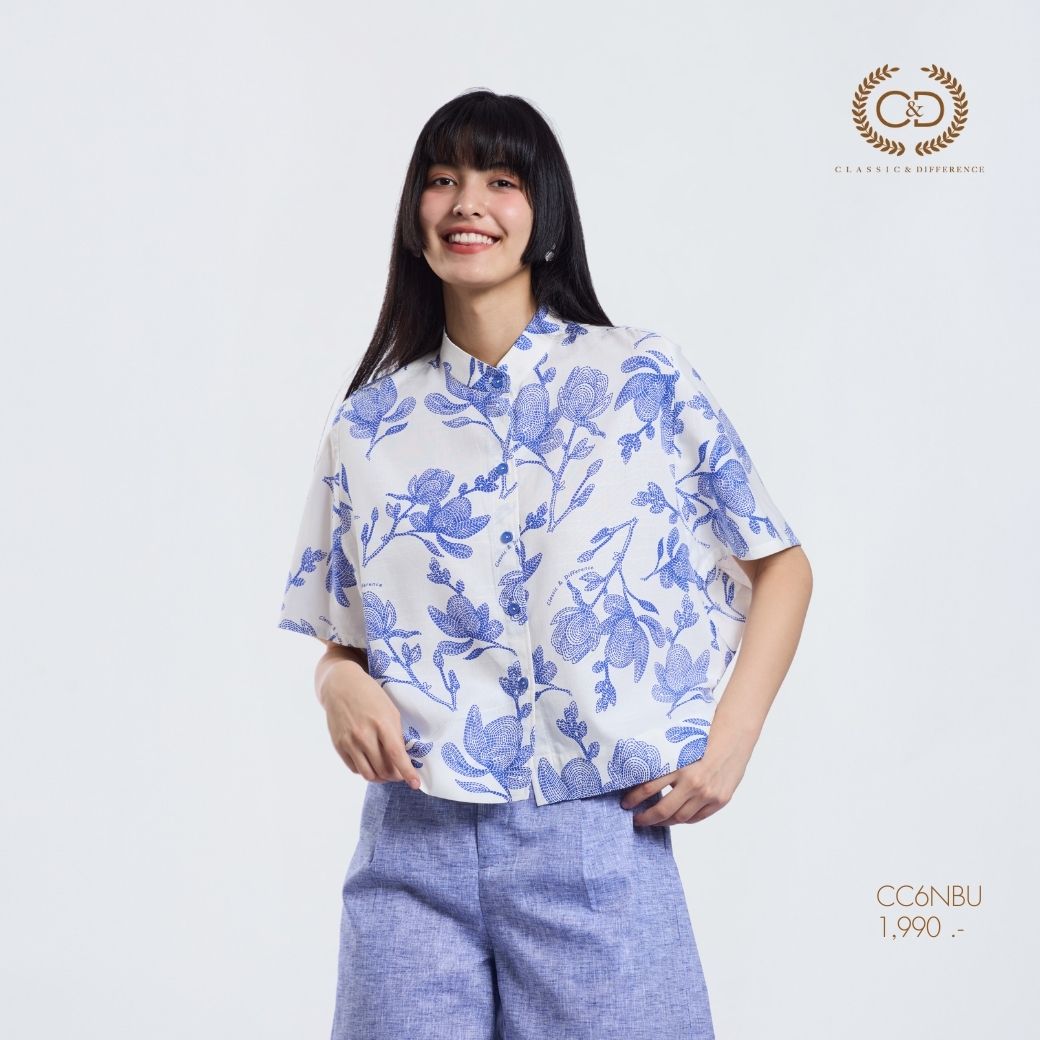 C&D Woman's Blouse Blue Flower Stitch Women's Shirt, Stand-Up Collar, Short Sleeves, Blue Cc6Nbu ราคา 1,990 บาท*ส่งฟรี