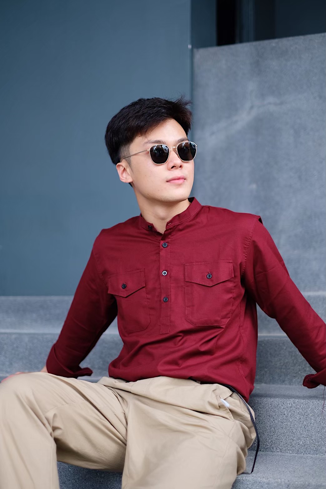 เสื้อเชิ้ต Smart Shirt แบบกระดุม 4 เม็ด กระเป๋าคู่ คอจีน แขนยาว สีหลากหลาย