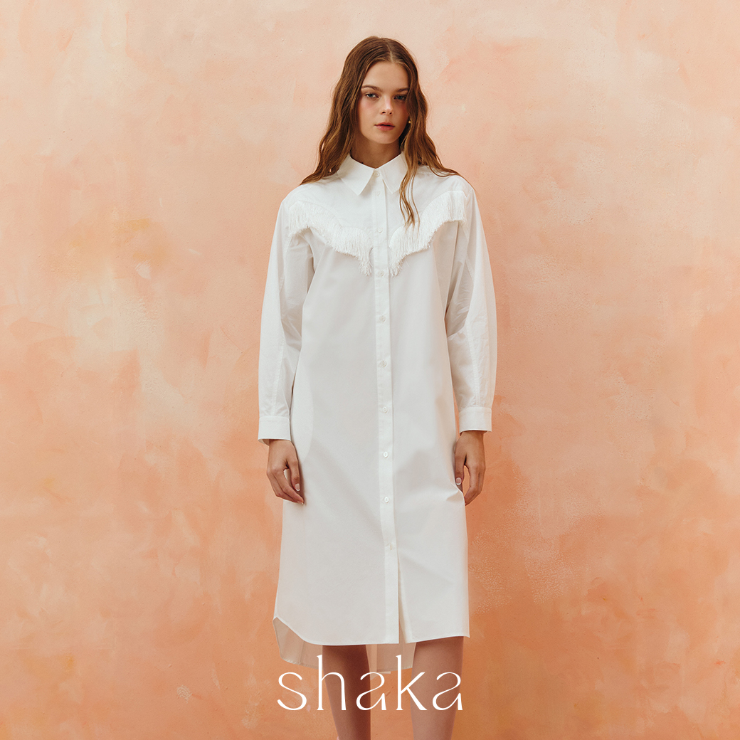 Shaka Aw25 Shirt Dress with Fringe Details, Long Sleeve Shirt Dress, Classic Collar, Knee Length, Ds-8251013 (White) ราคา 3,465 บาท*ส่งฟรี
