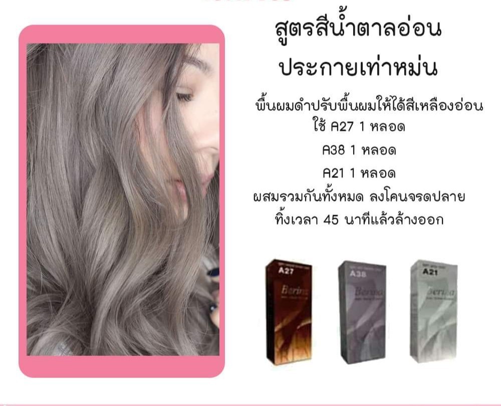 Berina สีย้อมผมเบอรีน่า ครีมเปลี่ยนสีผม โทนน้ำตาลอ่อนประกายเทาหม่น แพค 3  กล่อง A27/A38/A21 | Lazada.Co.Th