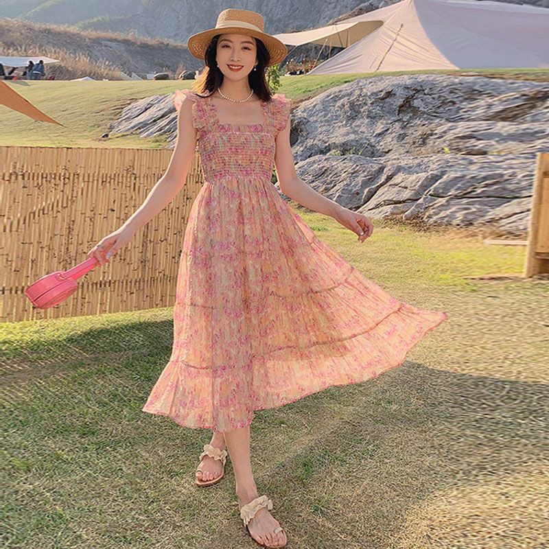 lucky yj ชุดเดรสกระโปรงลายดอกไม้ฝรั่งเศสแขนบินเล็กสีชมพูผู้หญิงฤดูร้อนใหม่ลดความอ้วนและกระโปรงยาวลดอายุอันแสนหวาน ราคา 174 บาท*ส่งฟรี