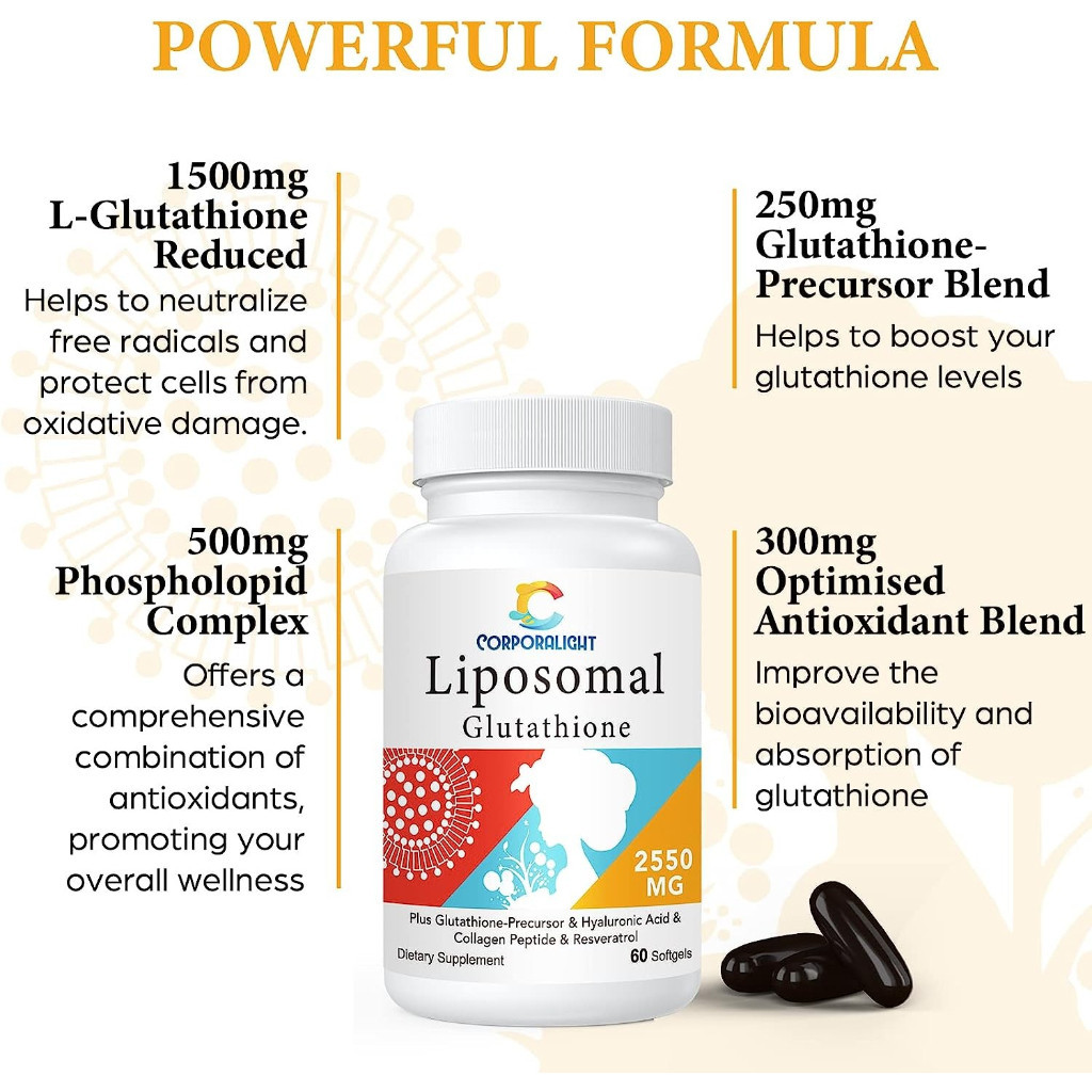 corporalight liposomal glutathione CORPORALIGHT 550MG Liposomal Glutathione, Glutathione Supplement with  Hyaluronic Acid, 60 softgels(Sku.2319)