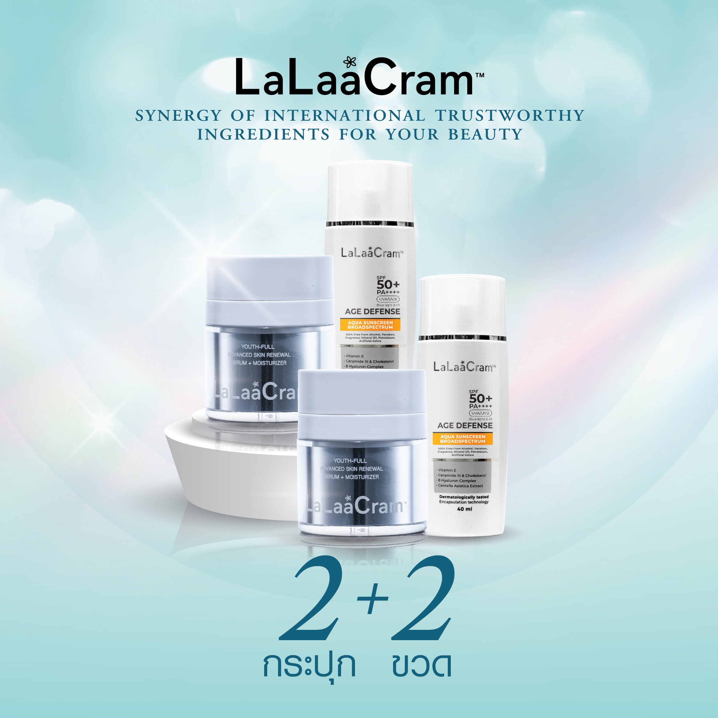 LaLaaCram SERUM + MOISTURIZER, 30ml x 2 bottles & Anti-Aging Sunscreen SPF50+ PA++++ 40ml x 2 bottles ( มอยเจอร์ไรเซอร์ และ กันแดด ) ราคา 4,190 บาท*ส่งฟรี
