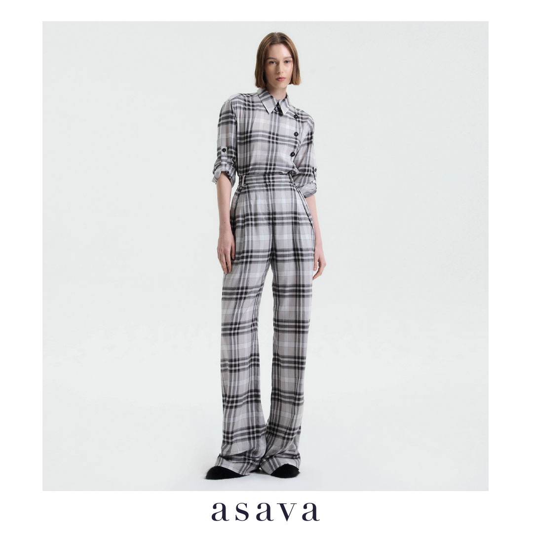 [Asava Aw25] Xanthe Straight-Leg Pants Women's Pants, Long Legs, Straight Cut, High Waist, Side Pockets, Front Zipper and Hook, Checkered Fabric. ราคา 6,580 บาท*ส่งฟรี