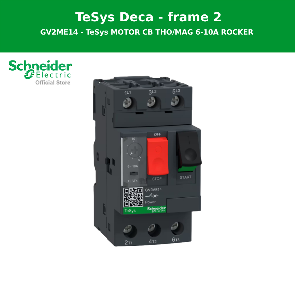 Schneider Electric Motor circuit breaker, รุ่น Tesys Deca, 3P, 6 to 10A, thermal magnetic, screw clamp terminals, button control (GV2ME14) ราคา 2,150 บาท*ส่งฟรี