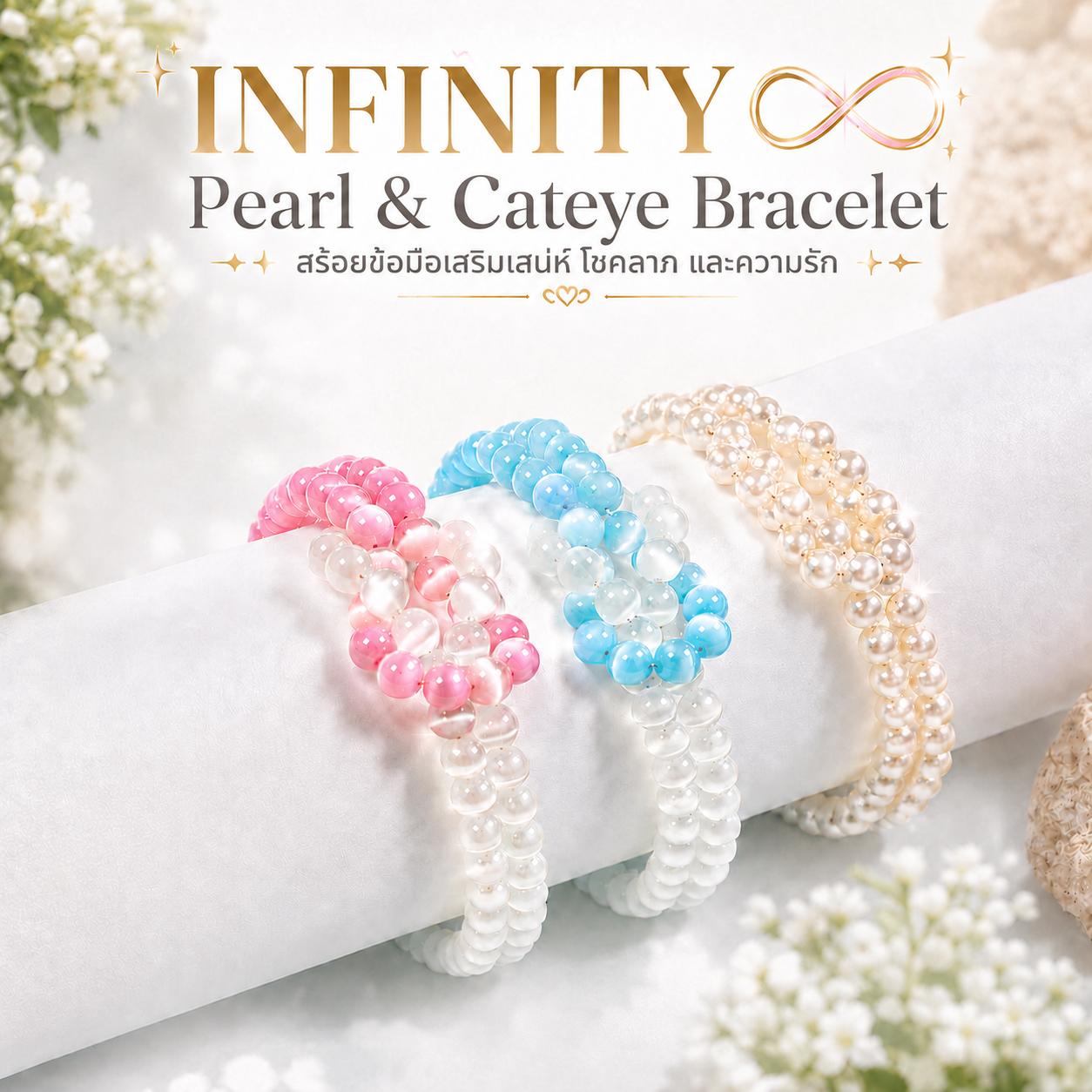 Auspicious Stone Bracelet, Infinity Loop, Cat's Eye Stone, Pearl, Enhances Charm and Love. Wear It and You'Ll Look Good and Have an Aura.