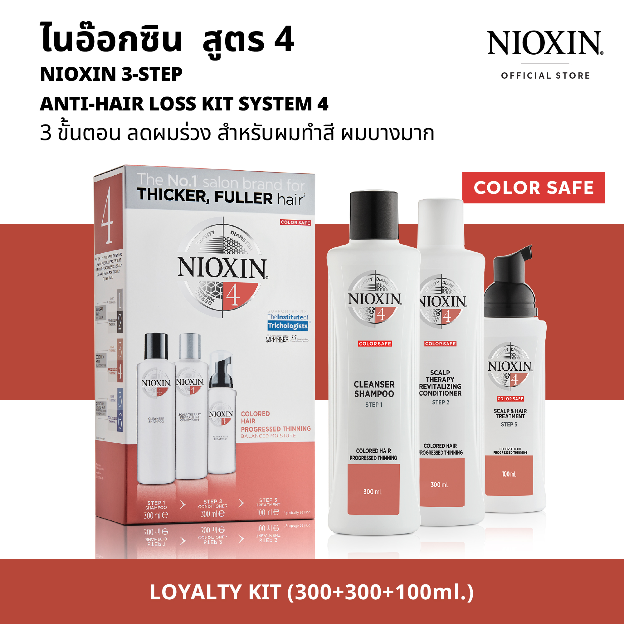 NIOXIN 3-STEP ANTI-HAIR LOSS LOYALTY KIT SYSTEM 4 (300+300+100) ML ไนอ๊อกซิน ชุดเซ็ท 3 ขั้นตอน ลดผมร่วง [ขนาดสำหรับ 90วัน] สูตร 4 สำหรับผมทำสี ผมบางมาก (300+300+100) มล ราคา 1,848 บาท*ส่งฟรี