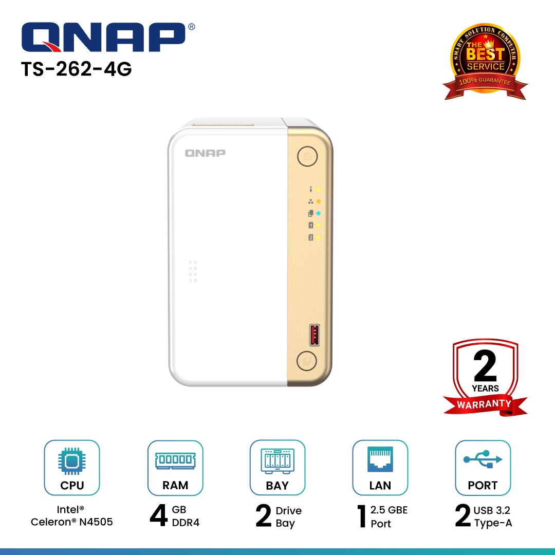 Qnap TS-262-4G 2-Bay Nas อุปกรณ์จัดเก็บข้อมูลบนเครือข่าย ราคา 16,590 บาท*ส่งฟรี