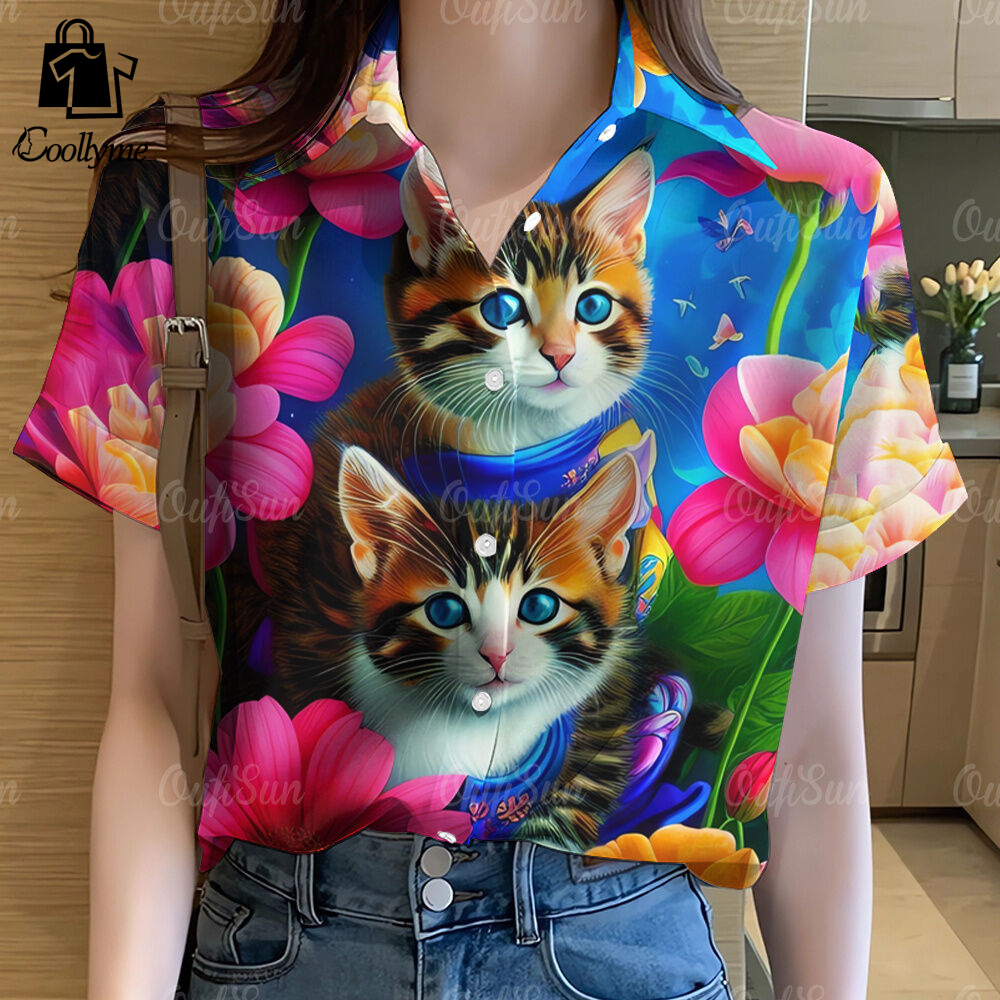 Women's floral print cat Songkran shirt 2568 full sleeve casual short sleeve Street top vintage tops ราคา 189 บาท*ส่งฟรี