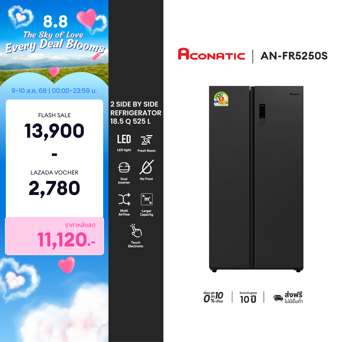 Aconatic ตู้เย็น Side by Side ขนาด 18.5 Q สี Dark Gray ระบบ Dual Inverter ละลายน้ำแข็งอัตโนมัติ รุ่น AN-FR5250S (รับประกัน 10 ปี) ราคา 17,890 บาท*ส่งฟรี