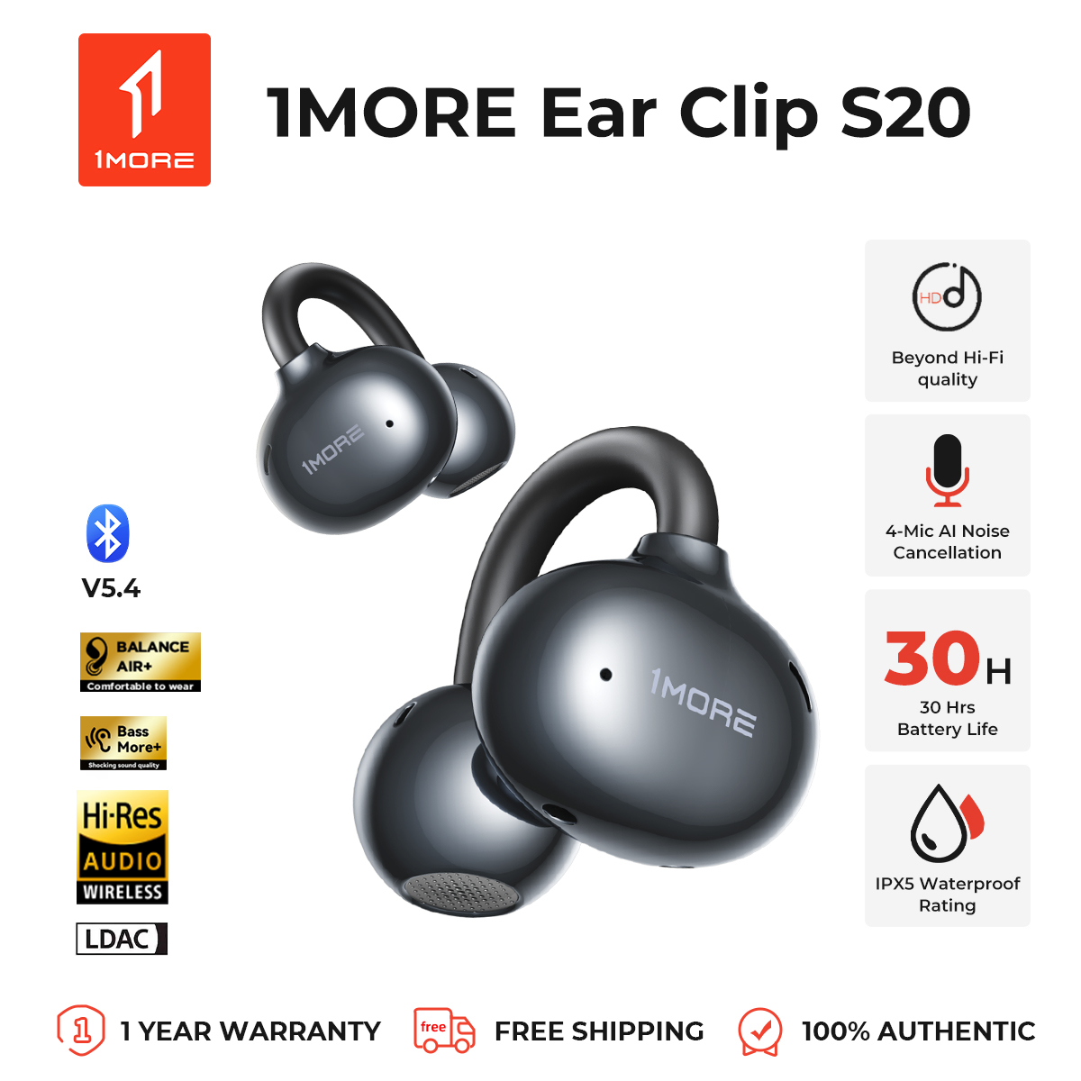 Newest Arrival! 1MORE S20 True Wireless Earbuds, LDAC & AAC Support, Hi-Res Audio, Ultra-Low Latency Gaming Earbuds, Powerful Bass, Bluetooth 5.4, ENC 4-Mic Al Noise Cancellation ราคา 1,799 บาท*ส่งฟรี