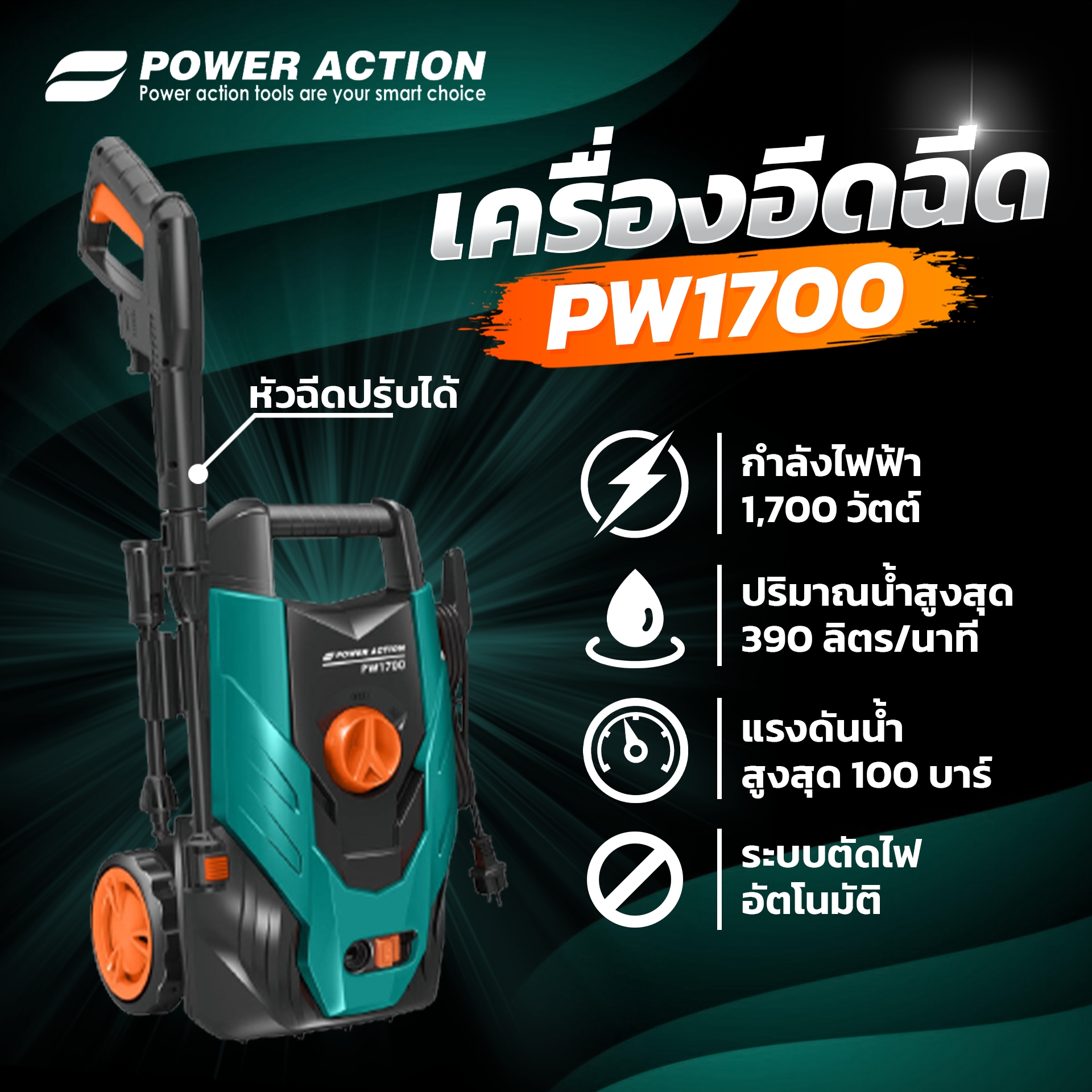 Power Action high-pressure cleaner High pressure pump 1700 watts, water pump 100 bar, with automatic water cut-off system, model PW1700 ราคา 3,390 บาท*ส่งฟรี