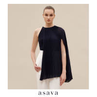 [asava ss24] Nylah Pleated-cape Blouse เสื้อผู้หญิง ทรงอสมมาตร คอกลม แต่งแขนเคปอัดพลีท แต่งกระดุมบริเวณคอเสื้อ ซิปข้าง