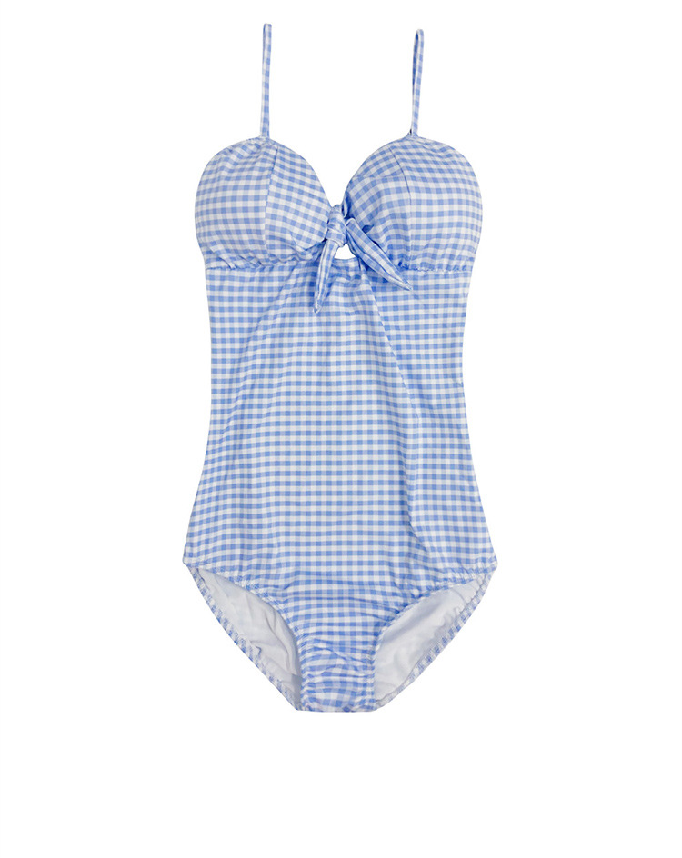 ข้อมูลประกอบของ ชุดว่ายน้ำวันพีช ชุดว่ายน้ำสาวๆ สายเดียว ลายสก๊อต ผูกโบว์หน้าอก มีฟองน้ำ ฟองนำ้ถอดออกได้ Bikini Swimwear Woman Swimming Suit Light Blue Plaid Pattern Beachwear