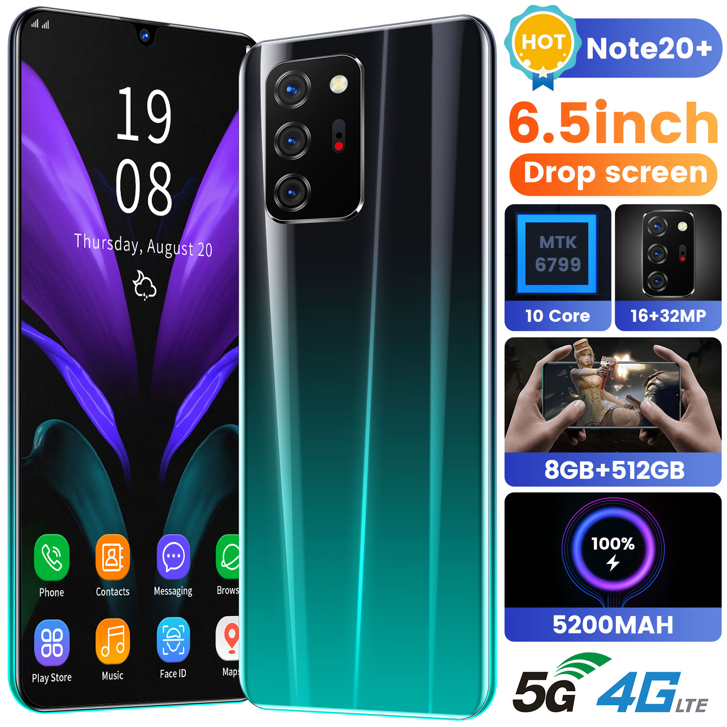 Note20+ Smartphone Bluetooth Mobile Bluetooth 4G/5G Network Face Recognition โทรศัพท์มือถือ มือถือ มือถือราคาถูก โทรศัพท์เกม รองรับสองซิม โทรศัพท์สมาร์ สมาร์ทโฟน