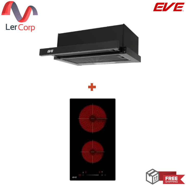 (Eve) เครื่องดูดควันสีดำแบบฝังรางเลื่อน รุ่น HS-BKT62C-60 + เตาไฟฟ้าเซรามิค 2 หัว แบบฝัง HB30-2CEMSC ฟรี แผ่นกรองคาร์บอน ราคา 8,990 บาท*ส่งฟรี