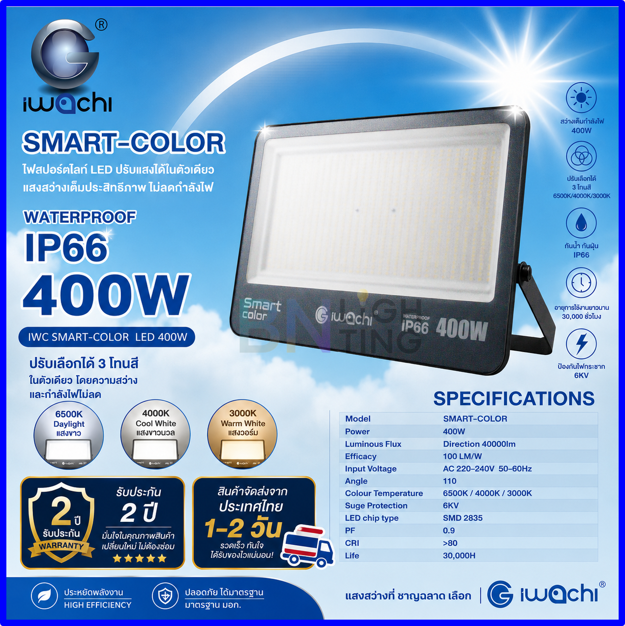 Iwachi Led Spotlight Smart-Color Led Lamp 220V 100W 200W 400W Adjustable 3 Colors 2 Year Warranty Floodlight Lamp, Field Light, Sign Lighting Lamp, Outdoor Lamp Football Field Lights, Exterior Lights, 100% Waterproof Spotlight Led Flood Light, Adjustable ราคา 866 บาท*ส่งฟรี