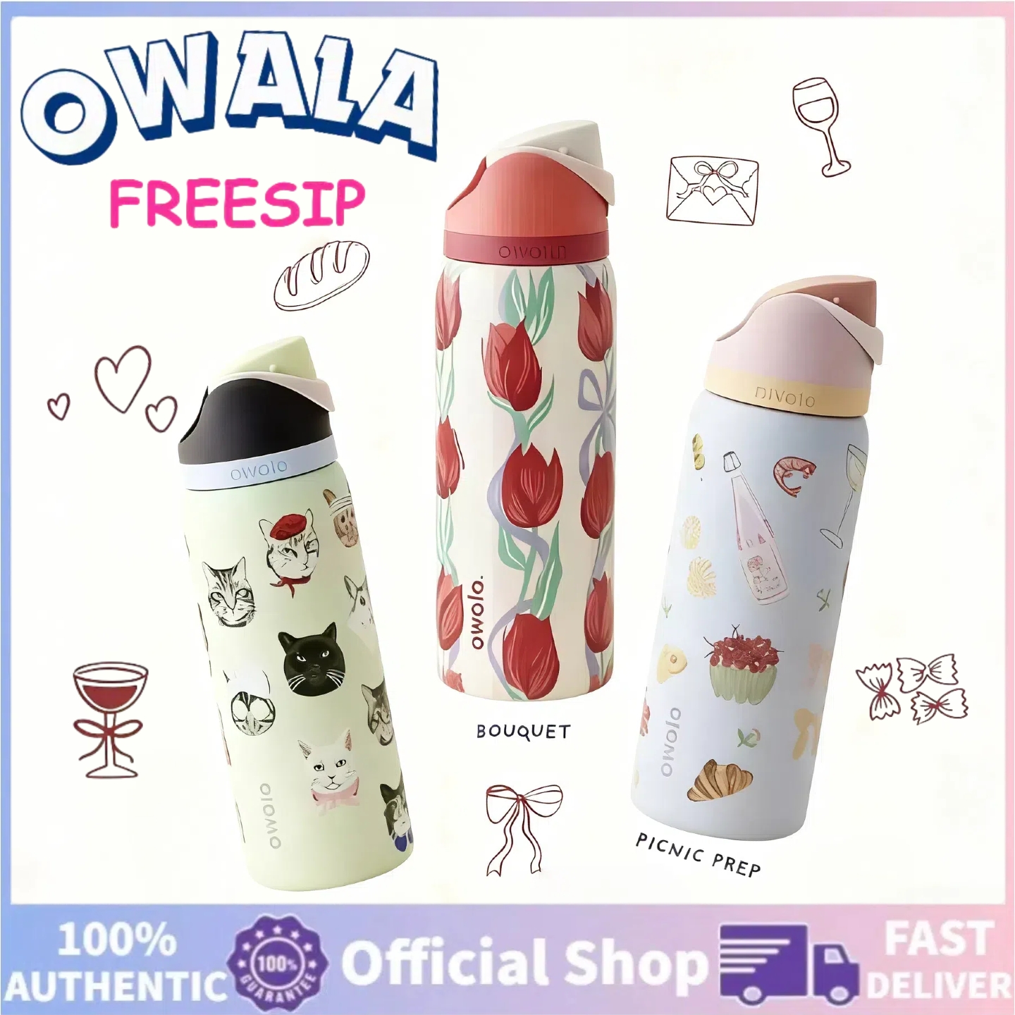 【100% Genuine】Owala X Uo Exclusive Freesip Water Bottle 24oz 32oz, Spill-Proof, Has a Built-In Straw, Keeps Cold for 12 Hours. Stainless Steel 304, Bpa Free, for Sports and Travel.