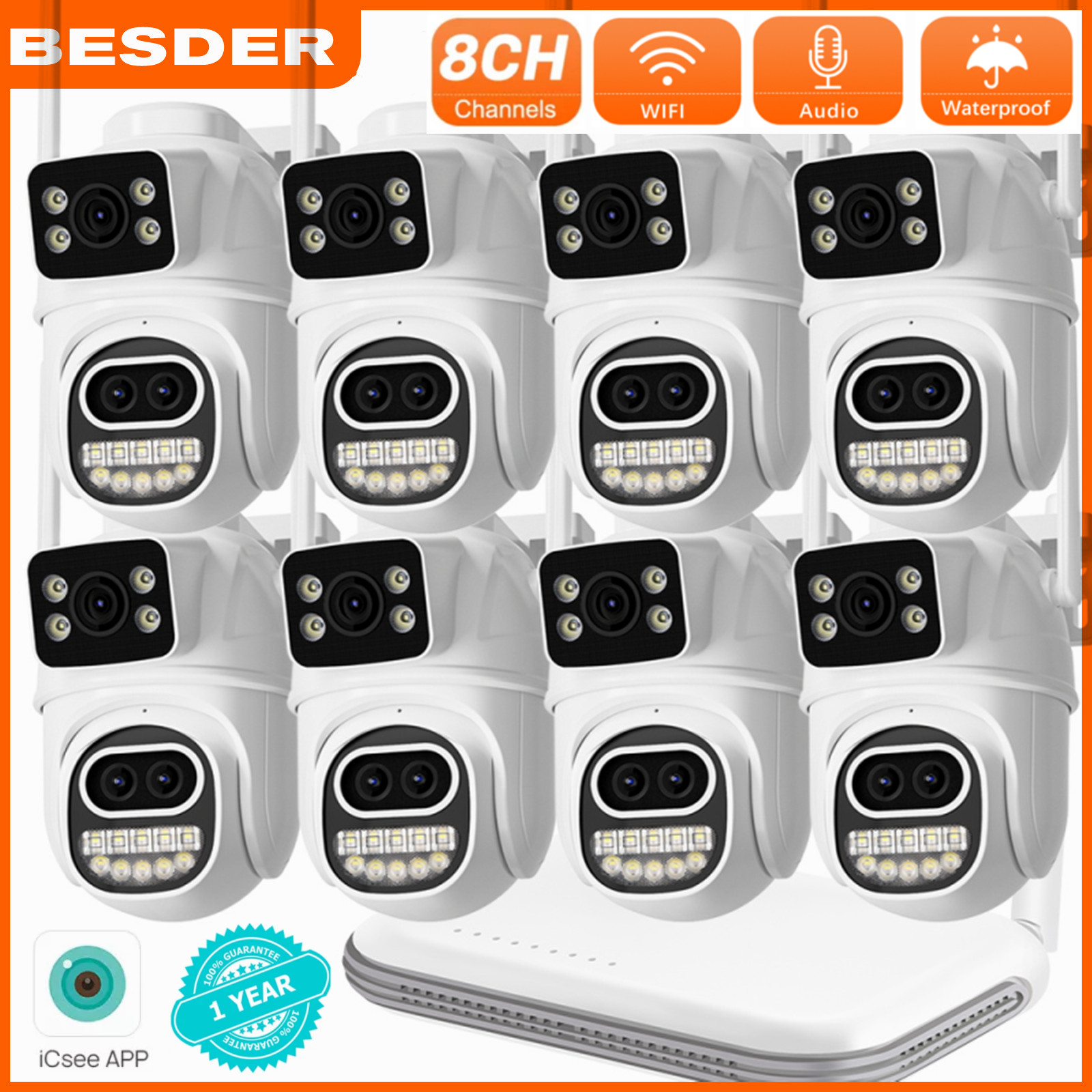 BESDER 12MP กล้อง 8CH MINI NVR กล้องวงจรปิด WiFi กล้อง IP หน้าจอคู่การติดตามอัตโนมัติ Ai Human Detection กลางแจ้ง 8X ซูมสี Night Vision ชุดกล้องวงจรปิด CCTV ราคา 3,877 บาท*ส่งฟรี