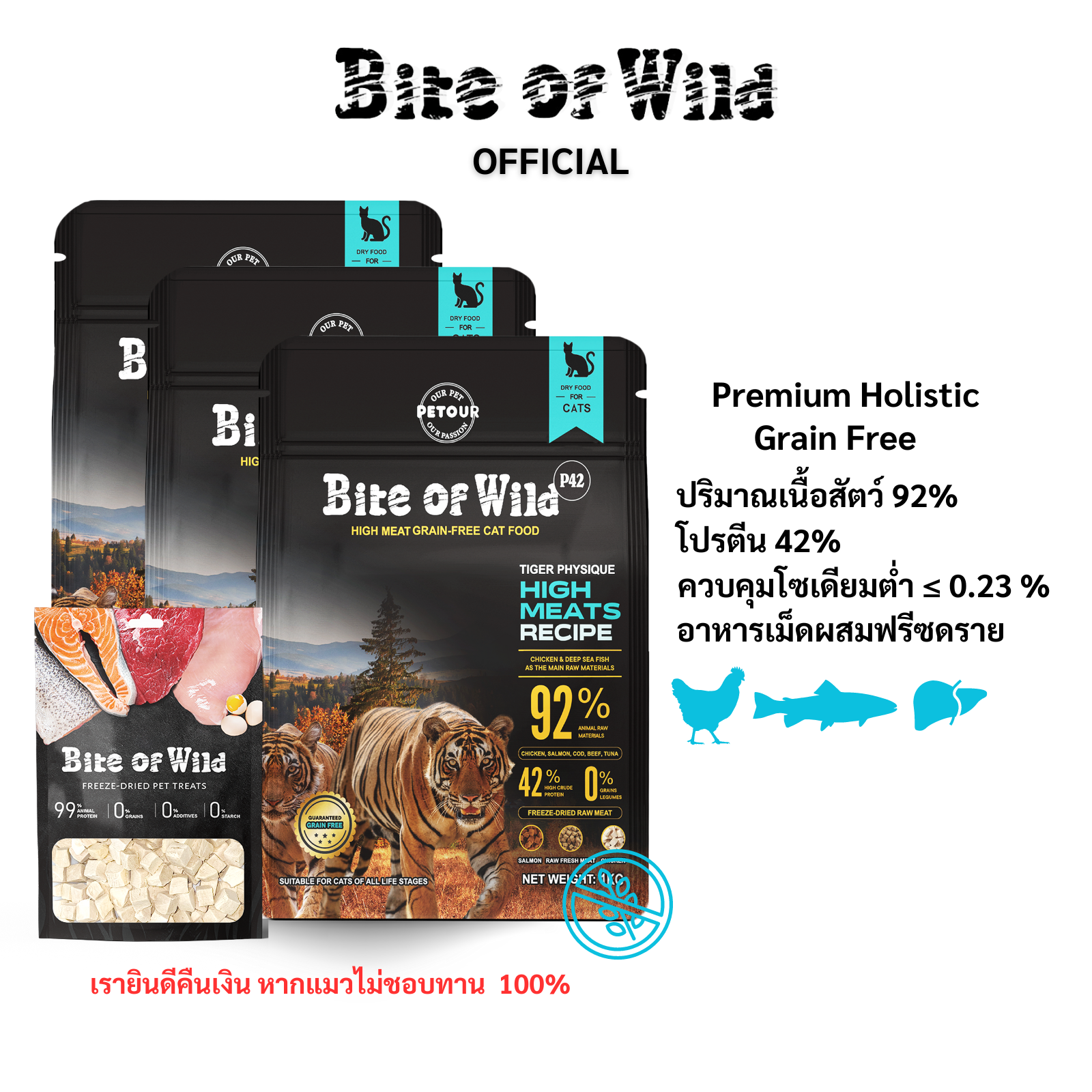 Bite of Wild 3kg+chicken อาหารเม็ดแมวสูตรเกรนฟรี คุณภาพสูง ประกอบด้วยเนื้อ 92% และมีโปรตีนสูง 42% จากไก่ ปลาแซลมอน และเนื้อวัว สำหรับขุนให้แมวอ้วนตัวแน่น แก้มอ้วน อาหารแมวสูตรซูเปอร์พรีเมี่ยมโฮลิสติก ราคา 129 บาท*ส่งฟรี