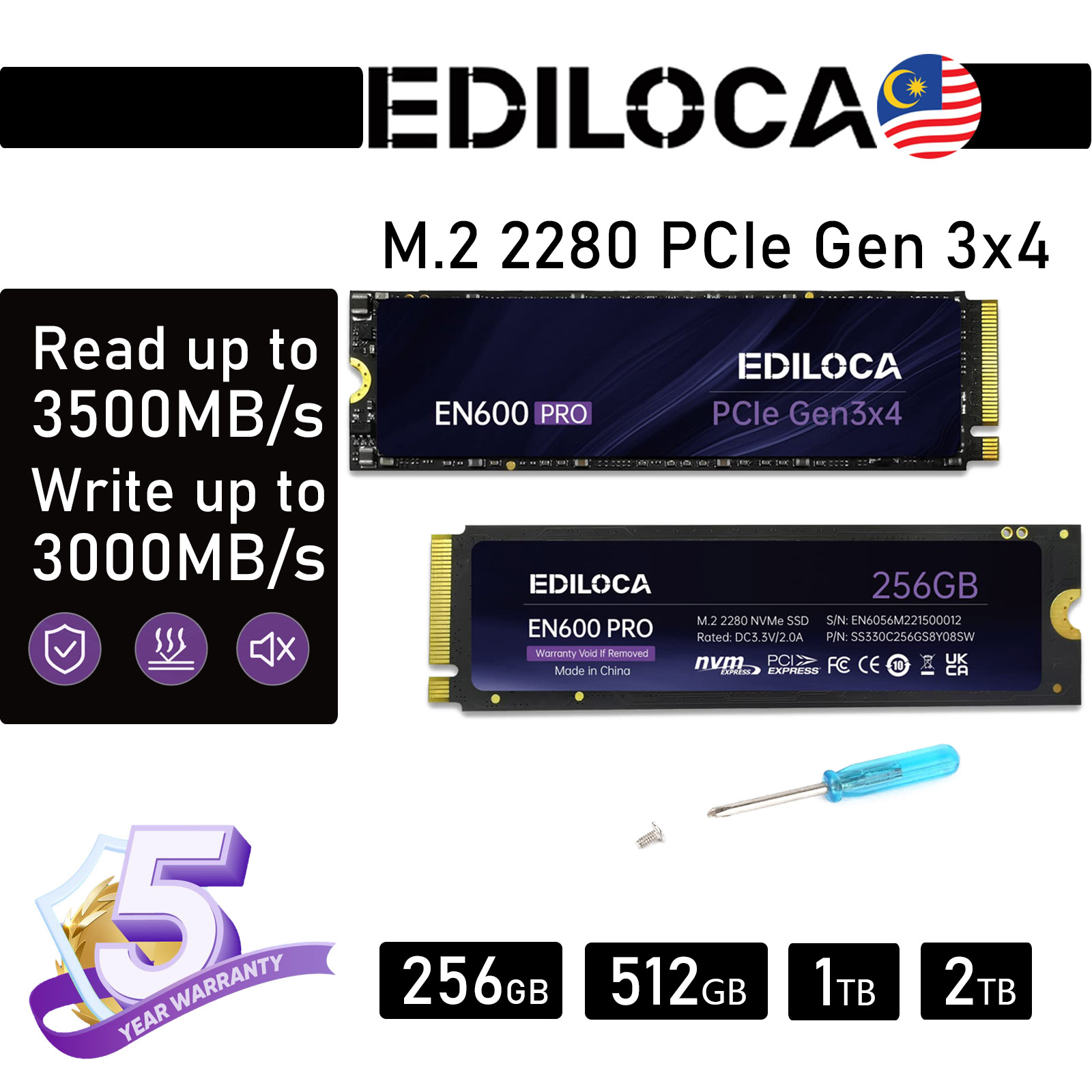 Ediloca EN600 PRO Internal SSD PCIe Gen3, NVMe M.2 2280, SLC Cache, 2800MB/s Read, 2000MB/s Write, 3D NAND TLC, Internal Solid State Drive, Compatible with Desktops and Laptops ราคา 3,999 บาท*ส่งฟรี