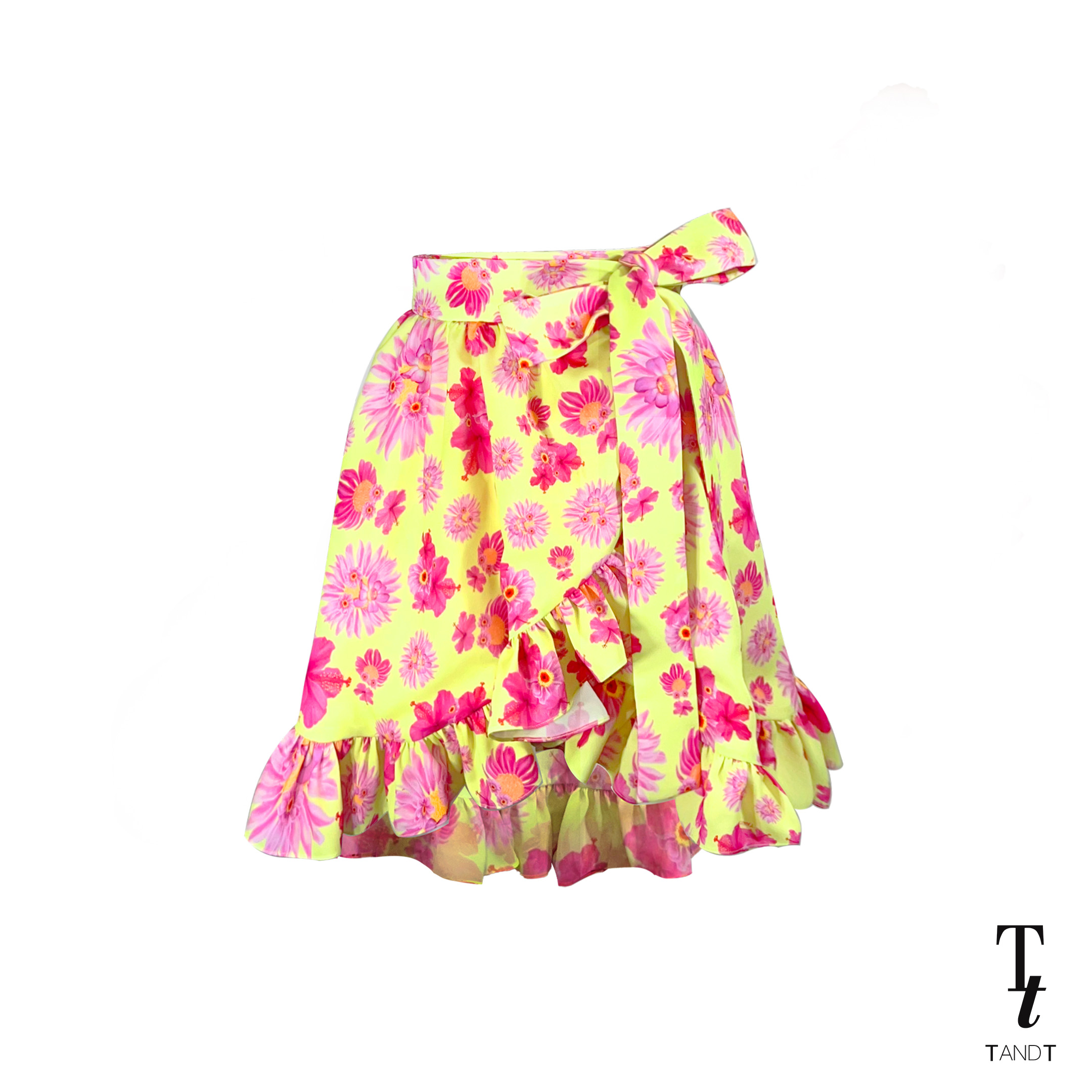 TandT - Neon Floral Printed Tie-Bow Asymmetric Ruffle Wrap Skirt กระโปรงสั้น ระบาย พิมพ์ลายดอกไม้ ผูกโบว์ที่เอว ราคา 1,155 บาท*ส่งฟรี