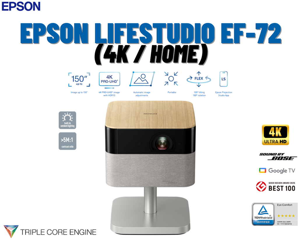 Epson Lifestudio Ef-72 / Epson Life Studio Ef-72 4K Projector for Home, 150-Inch Screen Size with Triple Core Engine Technology and Bose Sound. ราคา 37,900 บาท*ส่งฟรี