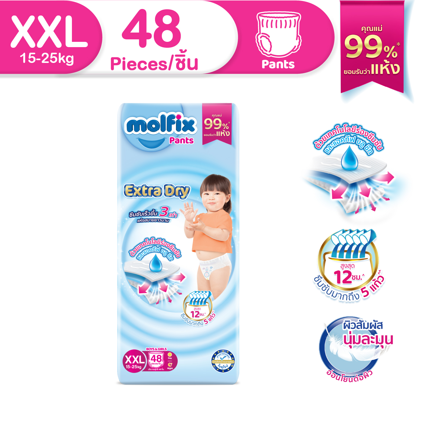 Molfix โมลฟิกซ์ เอ็กซ์ตร้า ดราย แพ้นส์ XXL 48 ชิ้น