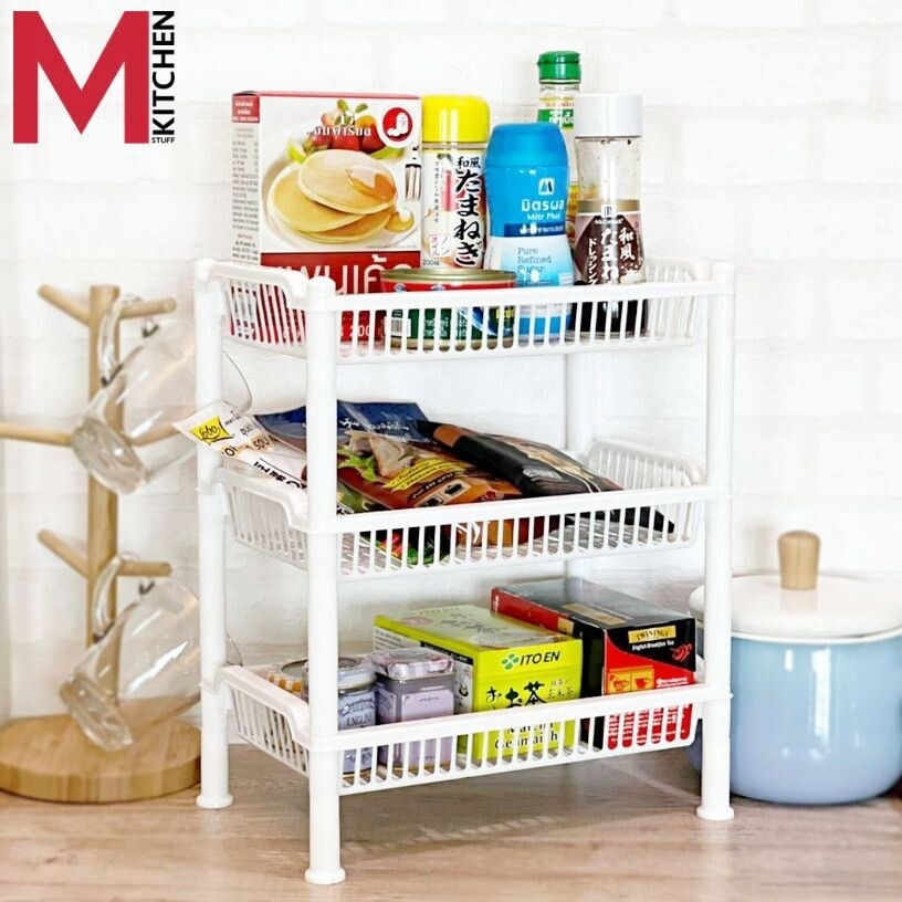M KITCHEN  ชั้นวางของ 3 ชั้น ชั้นวางของครัว ชั้นวางของอเนกชั้นพลาสติก เอนกประสงค์ สีขาว 19*29.5*35.5 ซม ( ชั้นใส่ของ ลิ้นชัก ชั้นวาง ชั้น ) 265/3