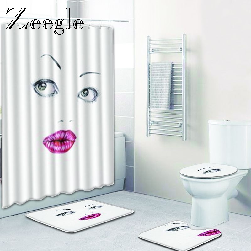 Zeegle Bathroom Mat Set Non-slip Floor Rug Foot Mat Shower Curtain with Hooks Dustproof Toilet Carpet Water Absorption Mat