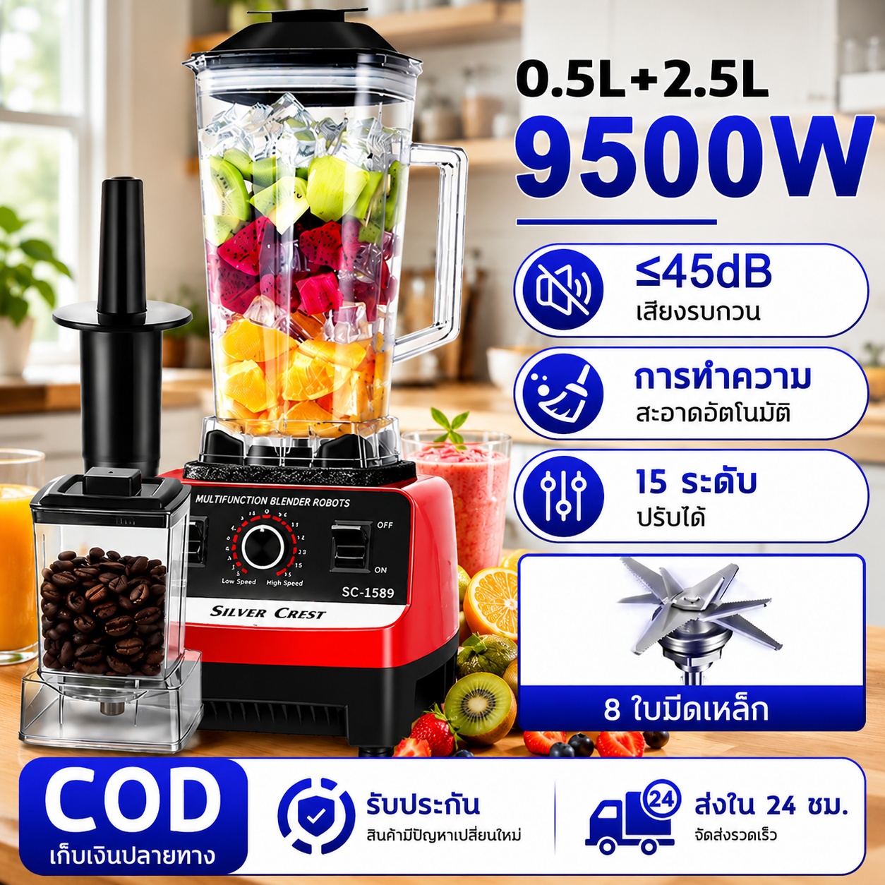 Fruit and Vegetable Blender, Fruit Blender, Ice Blender, Multi-Purpose Blender, 6-Blade Blender, Capacity 2.5L, No Need to Filter, Drink Immediately, Two Modes. ราคา 448 บาท*ส่งฟรี
