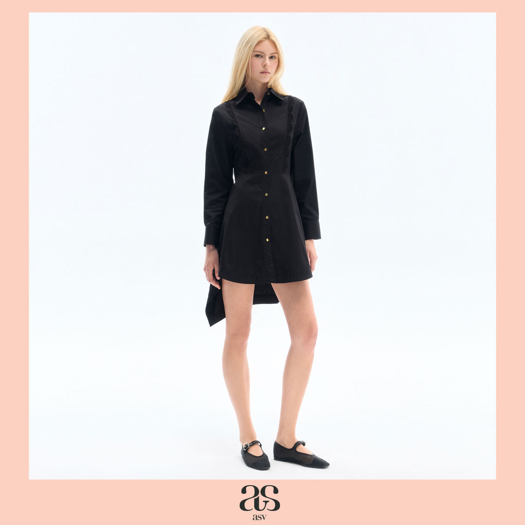 [Asv Ss26] Skylar Shirt Dress, Women's Shirt Dress Inserted with Lace Details Around the Chest. the Back Is Decorated with Peplum Details, Sewn with a Short Front and Long Back Style. ราคา 9,780 บาท*ส่งฟรี