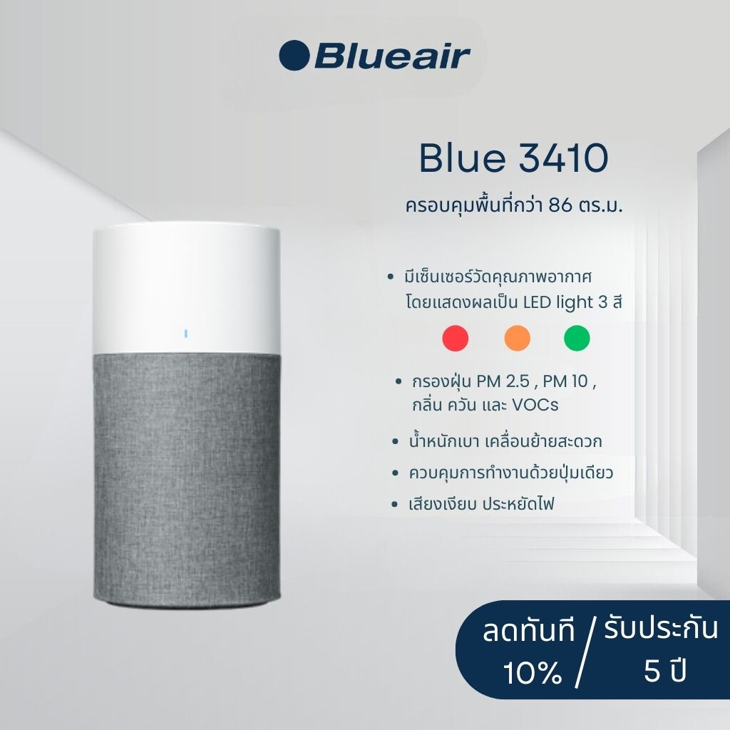 Blueair เครื่องฟอกอากาศ รุ่น 3410 พื้นที่ใช้งานได้ถึง 36 ตร.ม. – 60 ตร.ม. (ACH 5 – 3 รอบ/ชม.)กำจัดPM2.5 ฆ่าเชื้อโรค ไวรัส กลิ่นได้ 99% เสียงเงียบ ราคา 12,420 บาท*ส่งฟรี