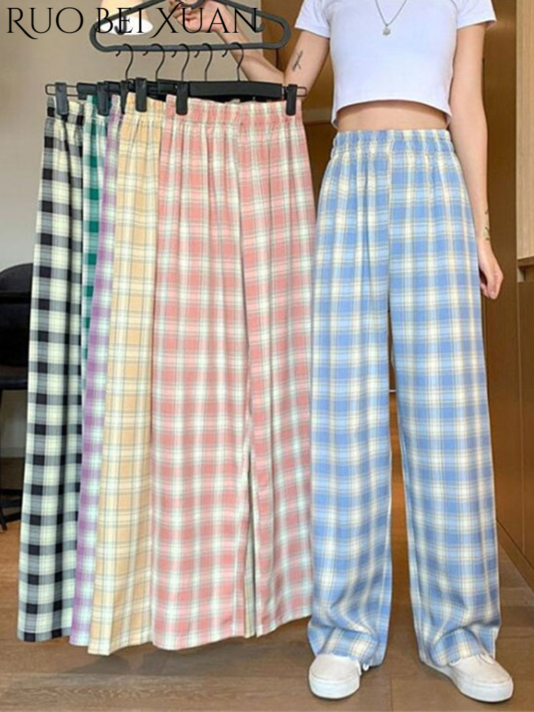Ruo Bei Xuan 2022 Plaid wide-leg slacks for women student Hong Kong Style slim slim slacks with high waist straight leg ราคา 69 บาท*ส่งฟรี