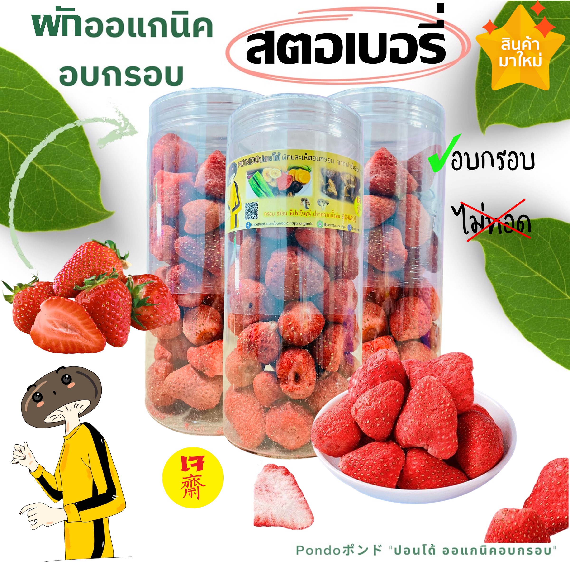 Strawberry Crisps Packaged in a good jar, size 120 grams, "PONDO Organic Crispy" does not use oil, guaranteed to be crispy and delicious. ราคา 136 บาท*ส่งฟรี