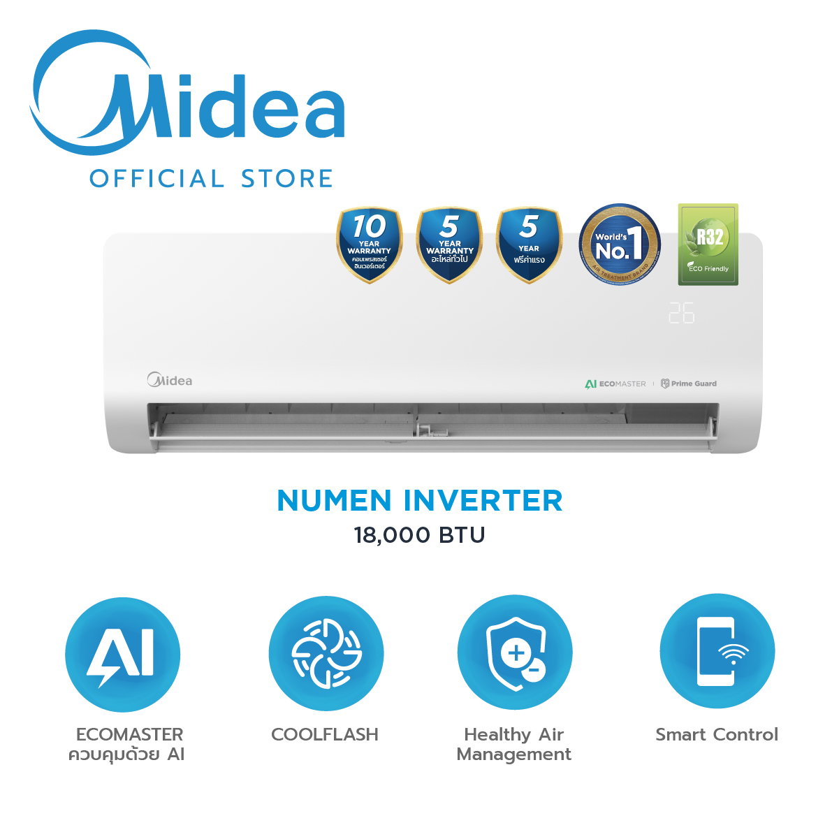 Midea แอร์ติดผนัง Inverter เครื่องปรับอากาศติดผนัง ขนาด 18000 BTU รุ่น Numen ประหยัดไฟเบอร์ 5, AI ECOMASTER ราคา 16,500 บาท*ส่งฟรี