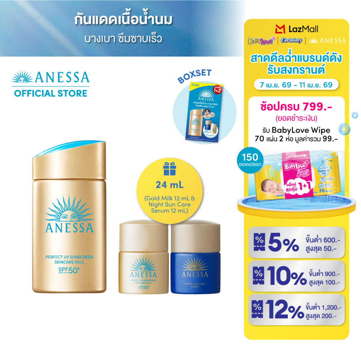 [Buy 1 Get 2 Free] Anessa Perfect UV Sunscreen Skincare Milk NA SPF50+ PA++++ 60 mL Free 12 mL And Night Sun Care Serum 12 mL