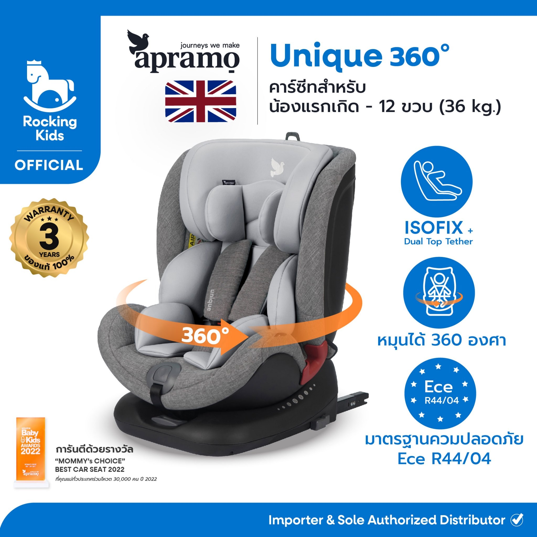 APRAMO UNIQUE 360 คาร์ซีทสำหรับน้องแรกเกิด - 12 ขวบ ติดตั้งระบบ Isofix ราคา 14,900 บาท*ส่งฟรี