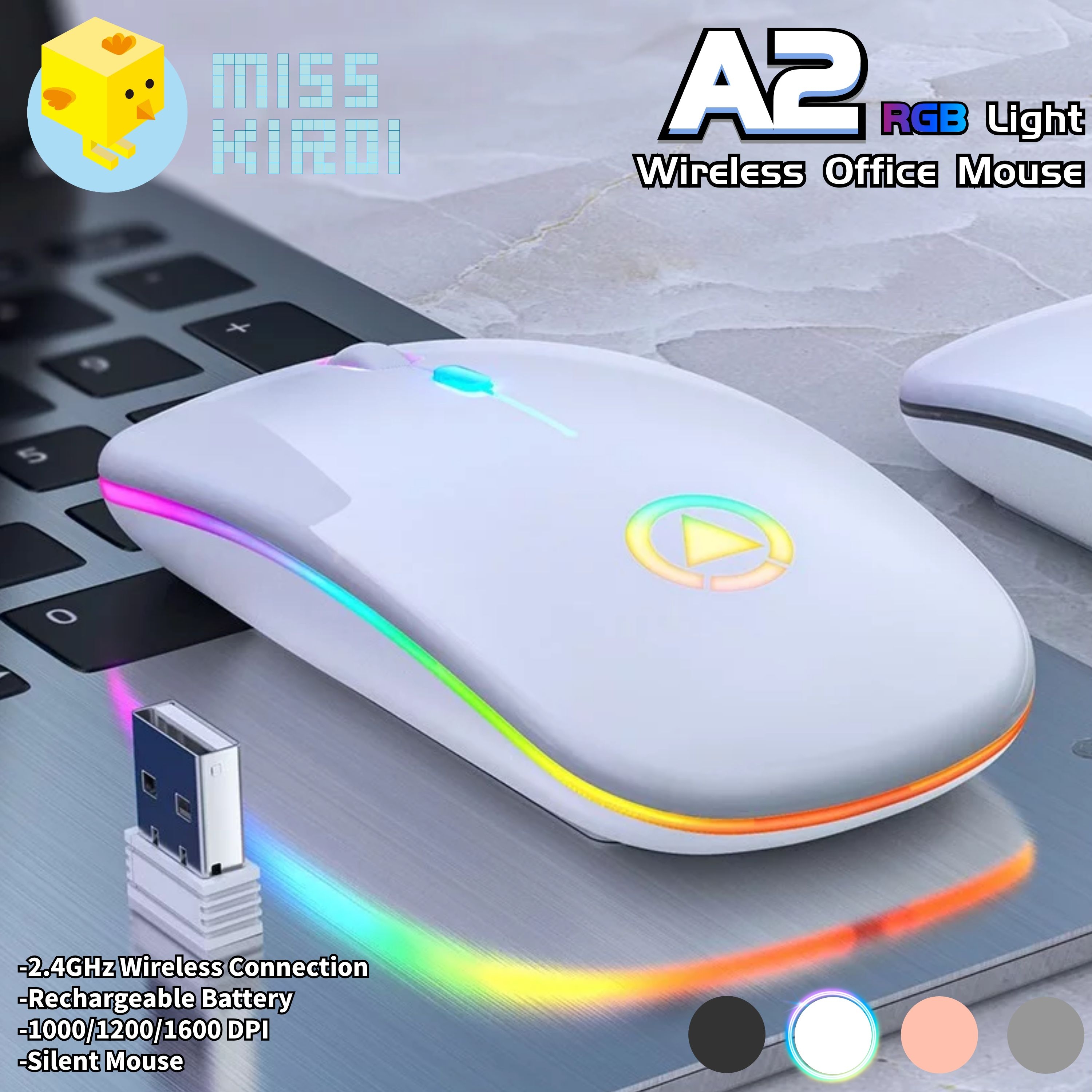 [HOT] Miss Kiroi Model A2 เมาส์เก็บเสียง เงียบไร้เสียง Office 2.4GHz Wireless Silent Mouse RGB Backlight DPI 1000-1600