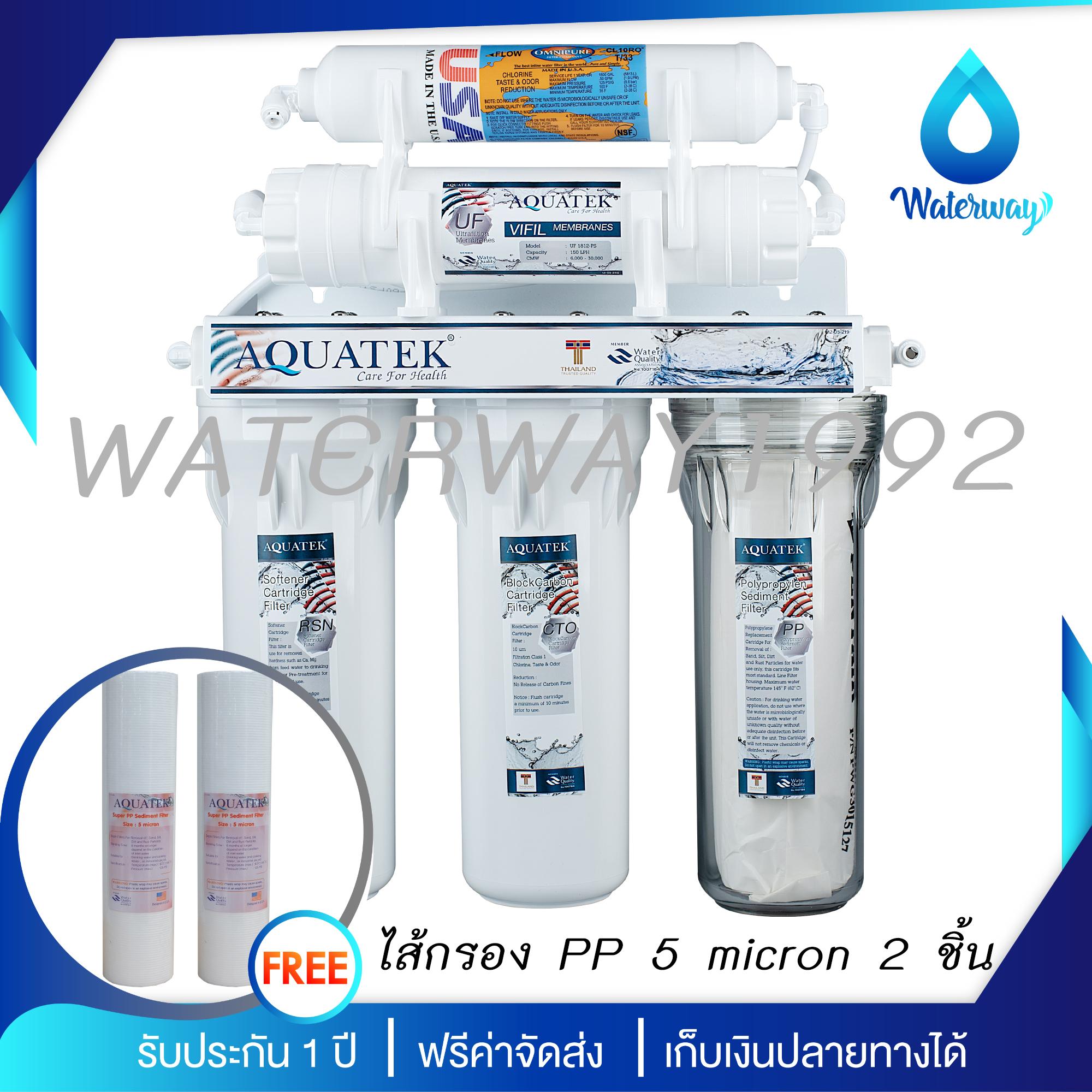 AQUATEK USA เครื่องกรองน้ำ 5 ขั้นตอน รุ่น UF ความละเอียด 0.01 ไมครอน กำจัดสารเคมี สี กลิ่น คลอรีน หินปูนได้ดี แถมฟรีไส้กรองน้ำดื่ม PP 2 ชิ้น จัดส่งฟรี