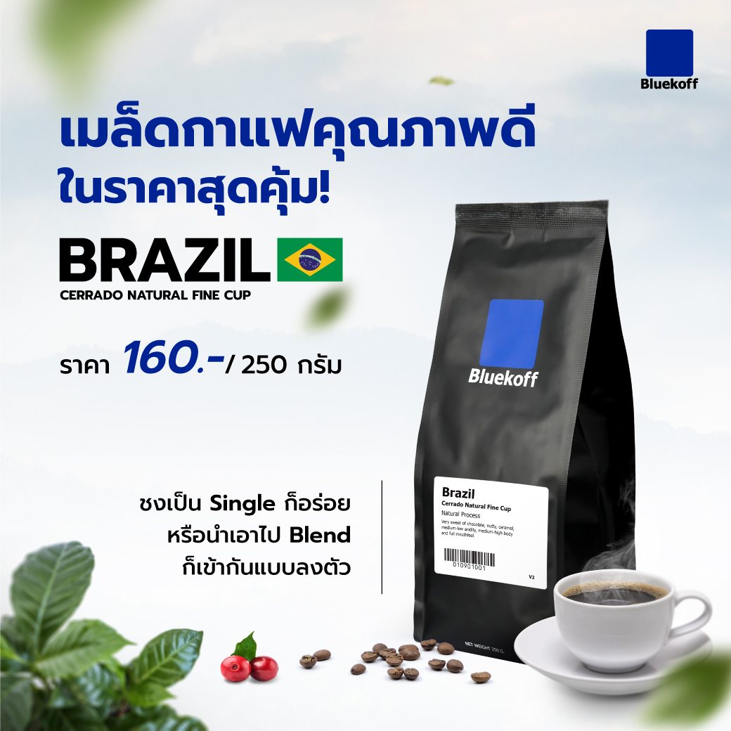 Bluekoff เมล็ดกาแฟ Brazil Cerrado Natural Fine Cup Arabica100% (1 ถุง บรรจุ 250 กรัม) ราคา 160 บาท*ส่งฟรี