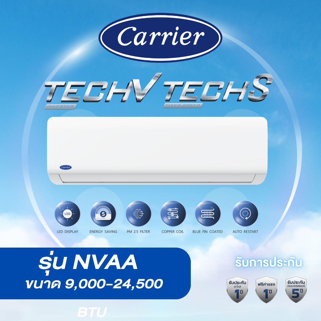 Carrier Wall Air Conditioner Tech-V Inverter Model Nvaa New2026 Size 9,000-24,500 Btu *Price Is for the Unit Only* ราคา 23,800 บาท*ส่งฟรี