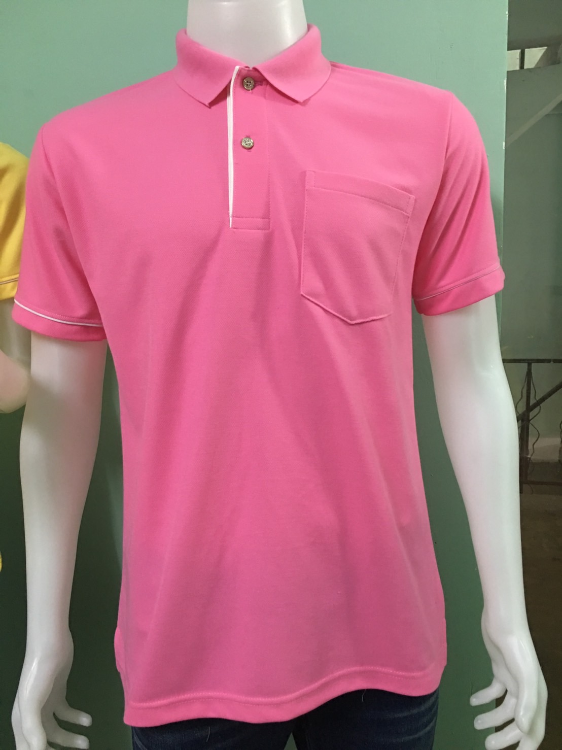 C H shop เสื้อโปโลสีชมพู ทรงผู้ชายทรงผู้หญิง ชุดทำงาน สีชมพูกลาง